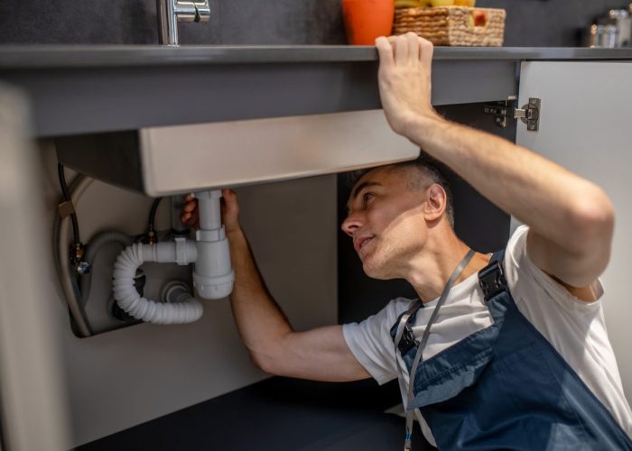 plombier qui examine siphon cuisine
